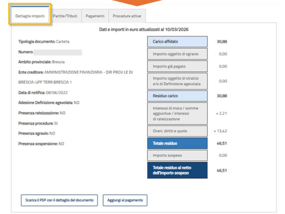 Dettaglio singola cartella nel servizio Situazione debitoria AdER